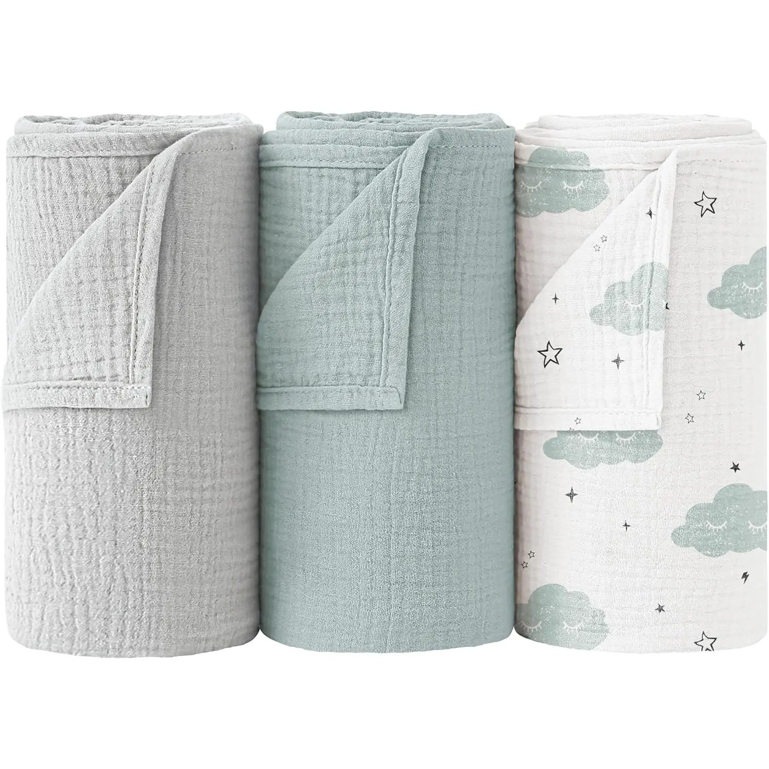 Muslin Swaddle Blankets, 40 x 38 inches  Swaddle for Boys and Girls, Soft  Blanket, 3 Pack Breathable  Receiving Blankets (Cloud)
