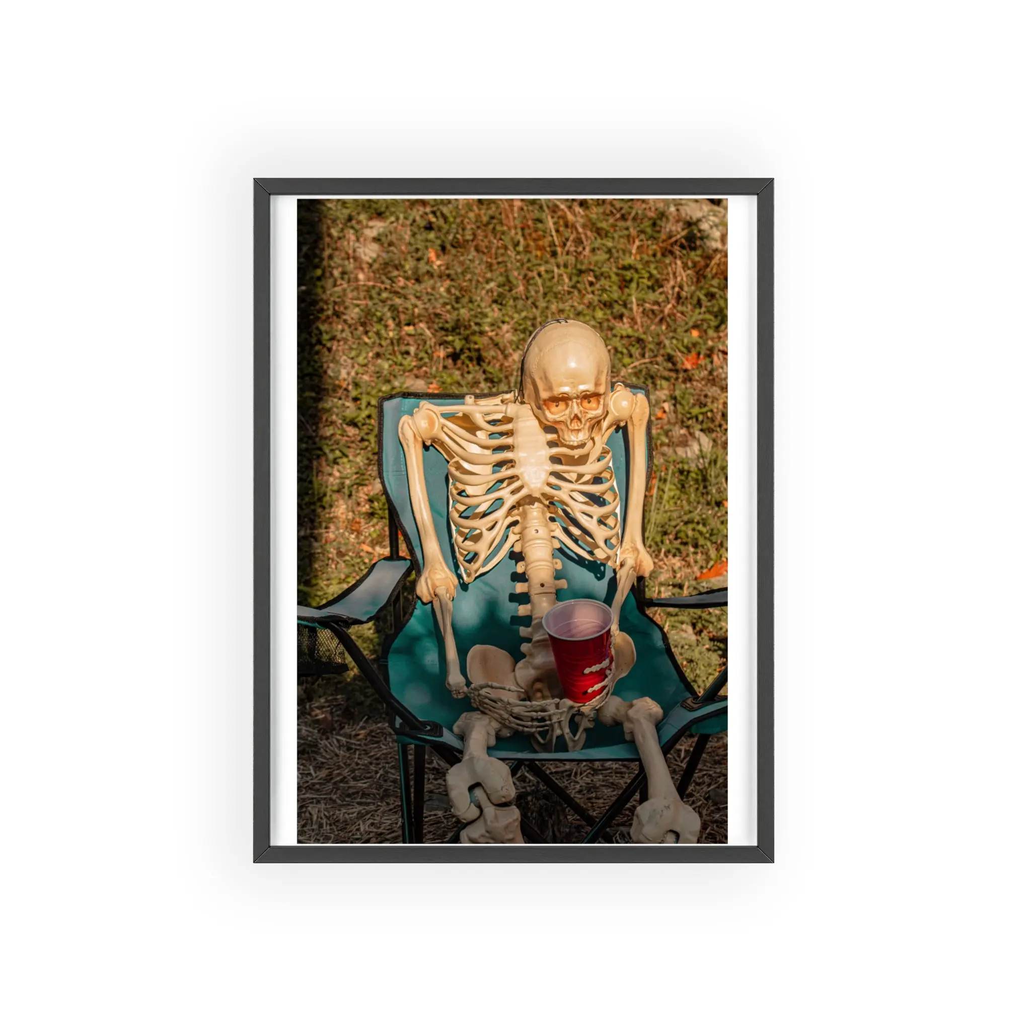 Skeleton Relaxing Poster with Wooden Frame — Funny Halloween Wall Art