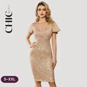 Surplice Neck Butterfly Sleeve Sequin Bodycon Dress rehearsal  dinner  dress