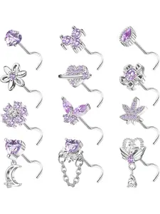 Delicate 12 Pcs Purple Silvery Nose Studs 20G Copper 304 Stainless Steel Nose Rings for Women Men S Shaped Corkscrew Dangle Nose Studs Rings Piercing Jewelry Sparkling CZ Heart Moon Butterfly Nose Rings Studs