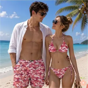Matching Couple Swimwear Set – Pink Digital Camo Bikini & Men's Hawaii Beach Shorts | Trendy Pixel Pattern Vacation Outfit