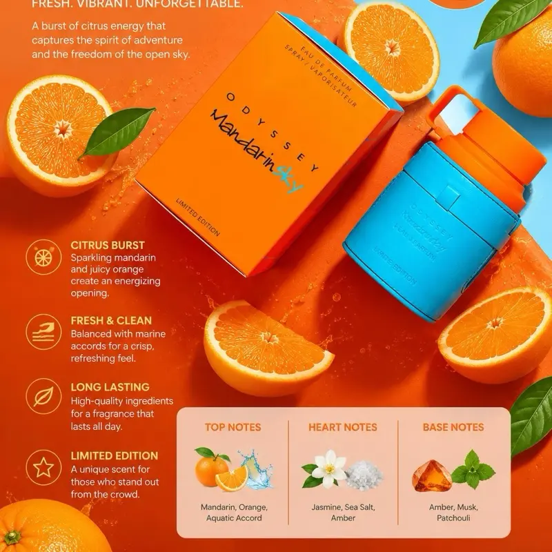 Armaf Odyssey Mandarin Sky Eau de Parfum, Fresh Floral & Citrus Scent for Daily Wear, 100ML / 3.4 oz Single Item