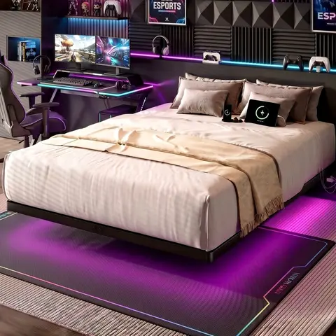 「BlackFriday」ONBRILL Smart LED Floating Metal Platform Bed Frame - Full/Queen Size, 1000lb Capacity, 3 LED Strips to Set Your Mood, Remote, 2 AC Outlets, USB Port, No Box Spring Needed, No Noise, Easy Assembly, Bedroom Furniture, Room Decor