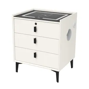3-Drawer Bedside Cabinet with Wireless Charging & USB Port, Fingerprint Lock & Bluetooth Speaker, 3-Color Ambient Light, Solid Wood Nightstand for Bedroom Living Room Office Storage