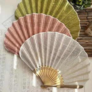 Japanese Style Retro Shell Shaped Fan Silk Cloth Bamboo Folding Fans Wedding Hand Fans Cotton Linen Solid Color Carve Fanbone