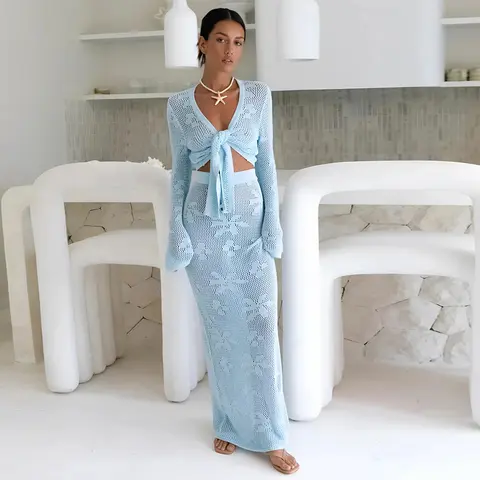 Saodimallsu Women's 2-Piece Boho Crochet Detail Cover-Up Set - V-Neck Long Sleeve Wrap Tie Crop Top, Maxi Skirt, Polyester Beachwear for Swimwear (2 piece sets women, boho print cover ups)