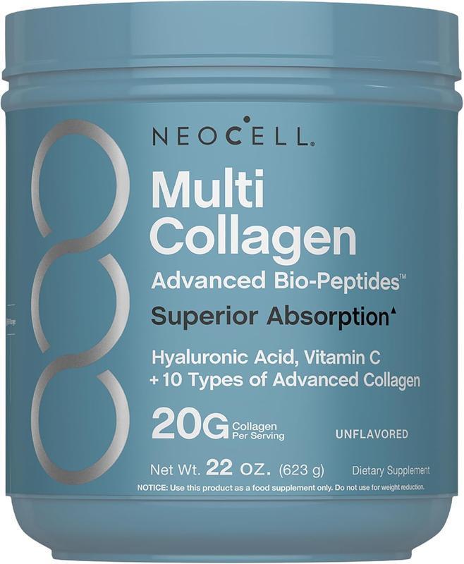 NeoCell Multi Collagen Advanced Bio-Peptides Powder 20oz Grassfed Protein Supplement with 18 Essential Amino Acids for Superior Absorption & Healthy Skin Joints
