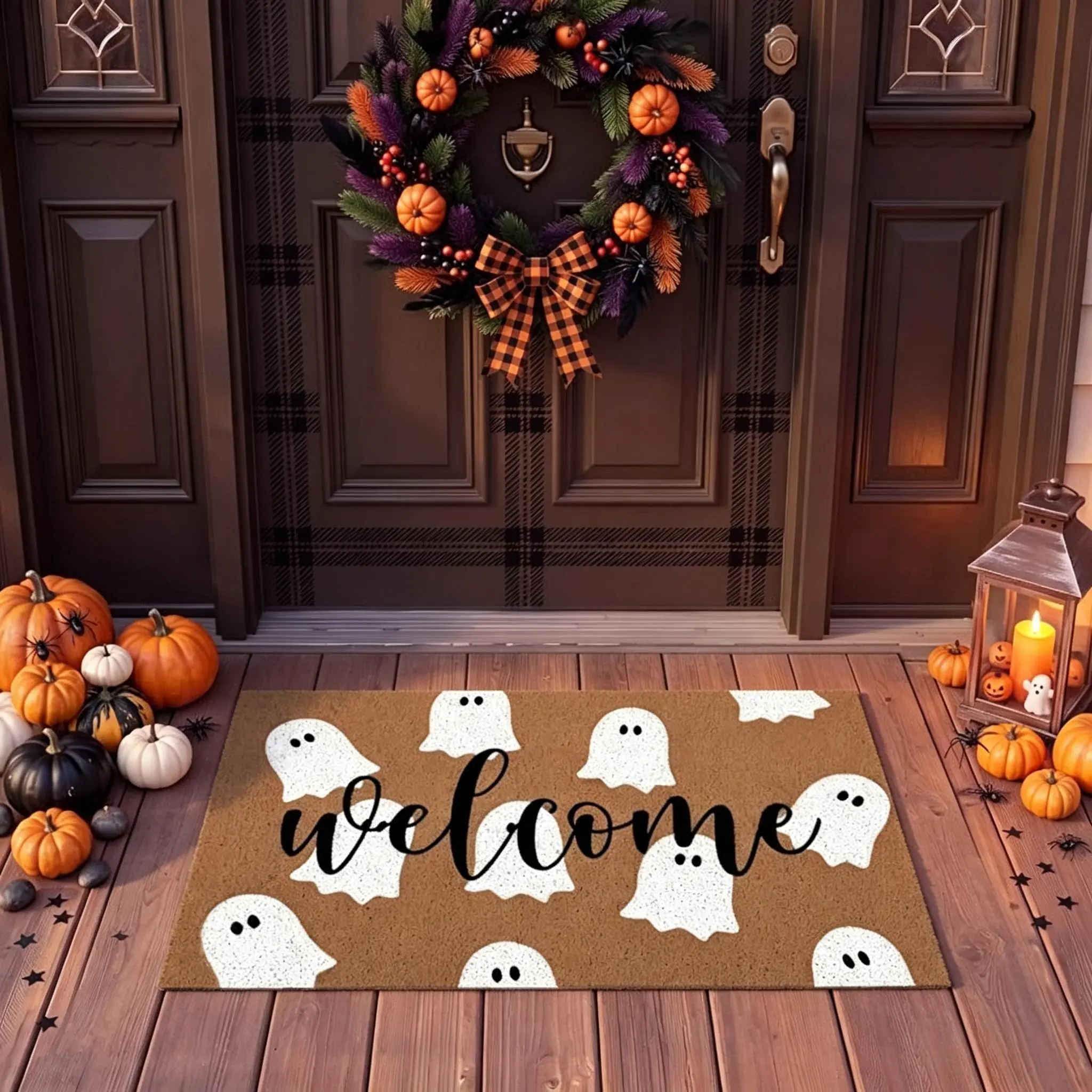 Plaid Ghost Non-Slip Doormat - Traditional Low-Profile Single Mat, Indoor-Outdoor Rug with Ghost Letters for Front Porch Entryways, Rustic Fun Household Textile Decor