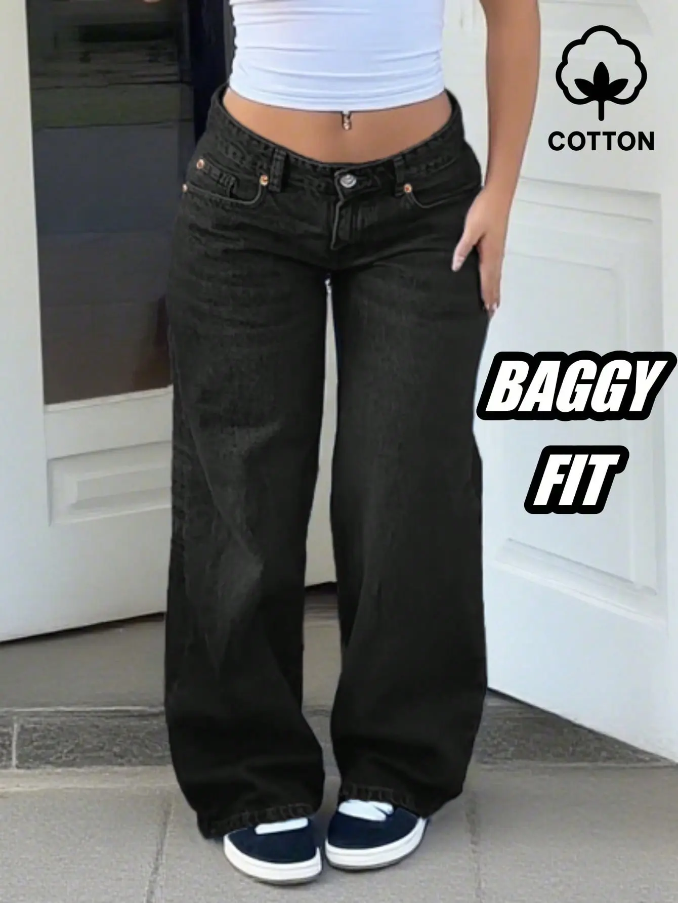 Baggy Low Rise Wide Leg Jeans for Women Washed Vintage Denim Pants Y2k Streetwear Casual Daily School Outfit, Black