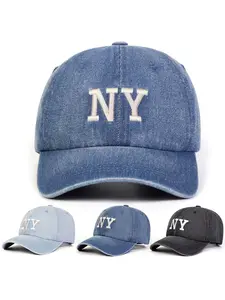 Unisex Ny Washed Denim Baseball Cap, Adjustable Sun Protection Casual Hat, Leopard Pattern Woven Fabric, Spring & Fall Outdoor Travel, Adjustable Snapback Cap