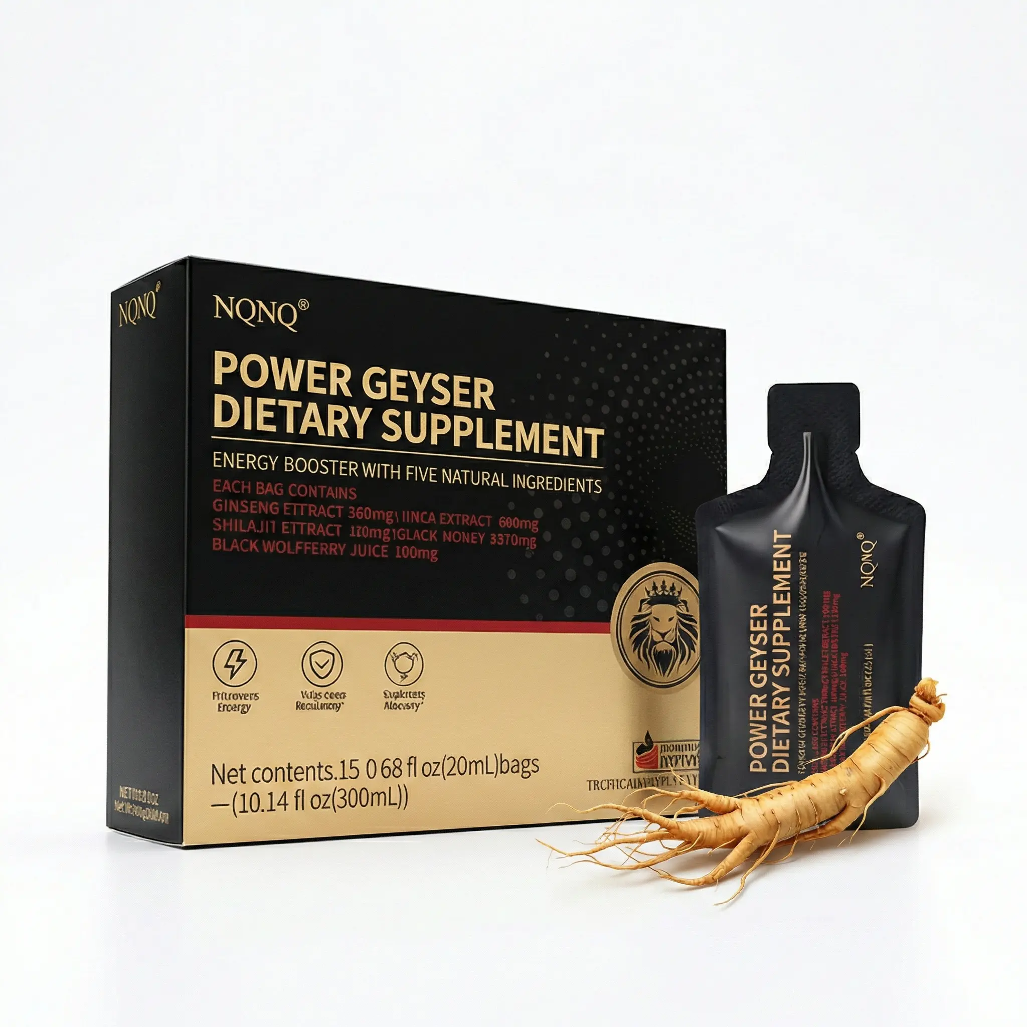 NQNQ Power Geyser Black Honey Energy Supplement with Maca, Shilajit, Ginseng & Wolfberry - Natural Liquid Sachets, Tropical Flavor (15 Pack, 20ml)