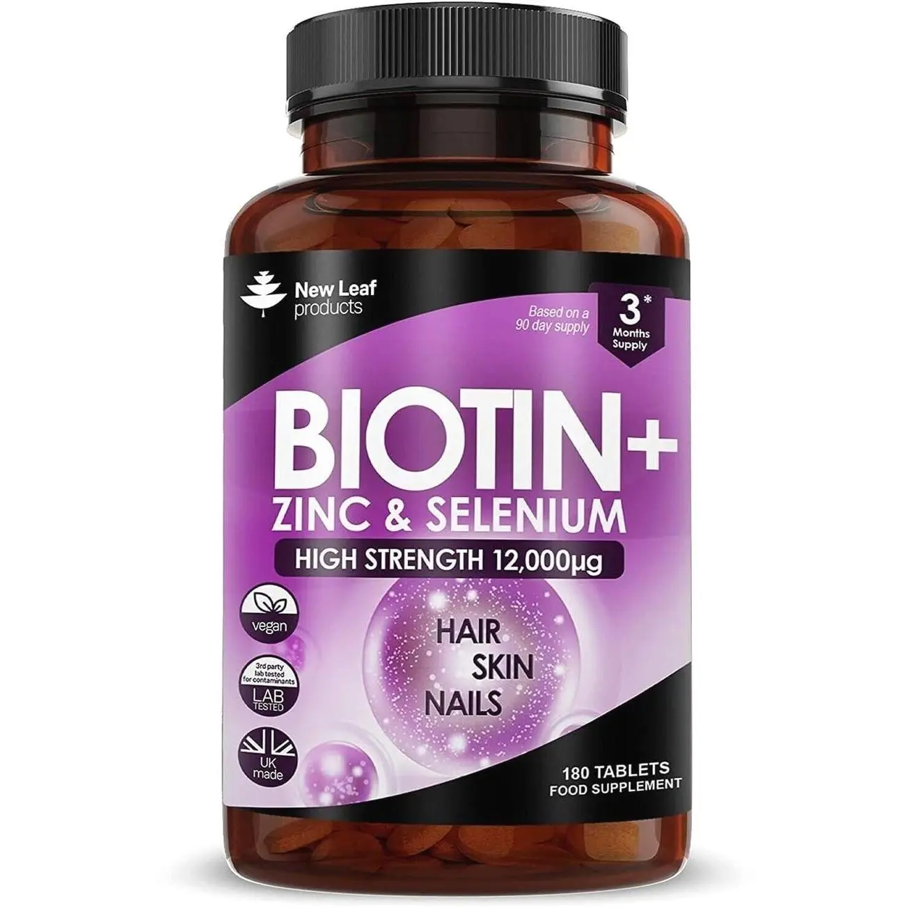 Biotin Hair Growth Vitamins 12000mcg High Strength with Coconut Oil - Promotes Healthy Hair Skin & Nails - Biotin Vitamins for Women& Men Vegan, Gluten Free Supplements - Made in The UK by New Leaf