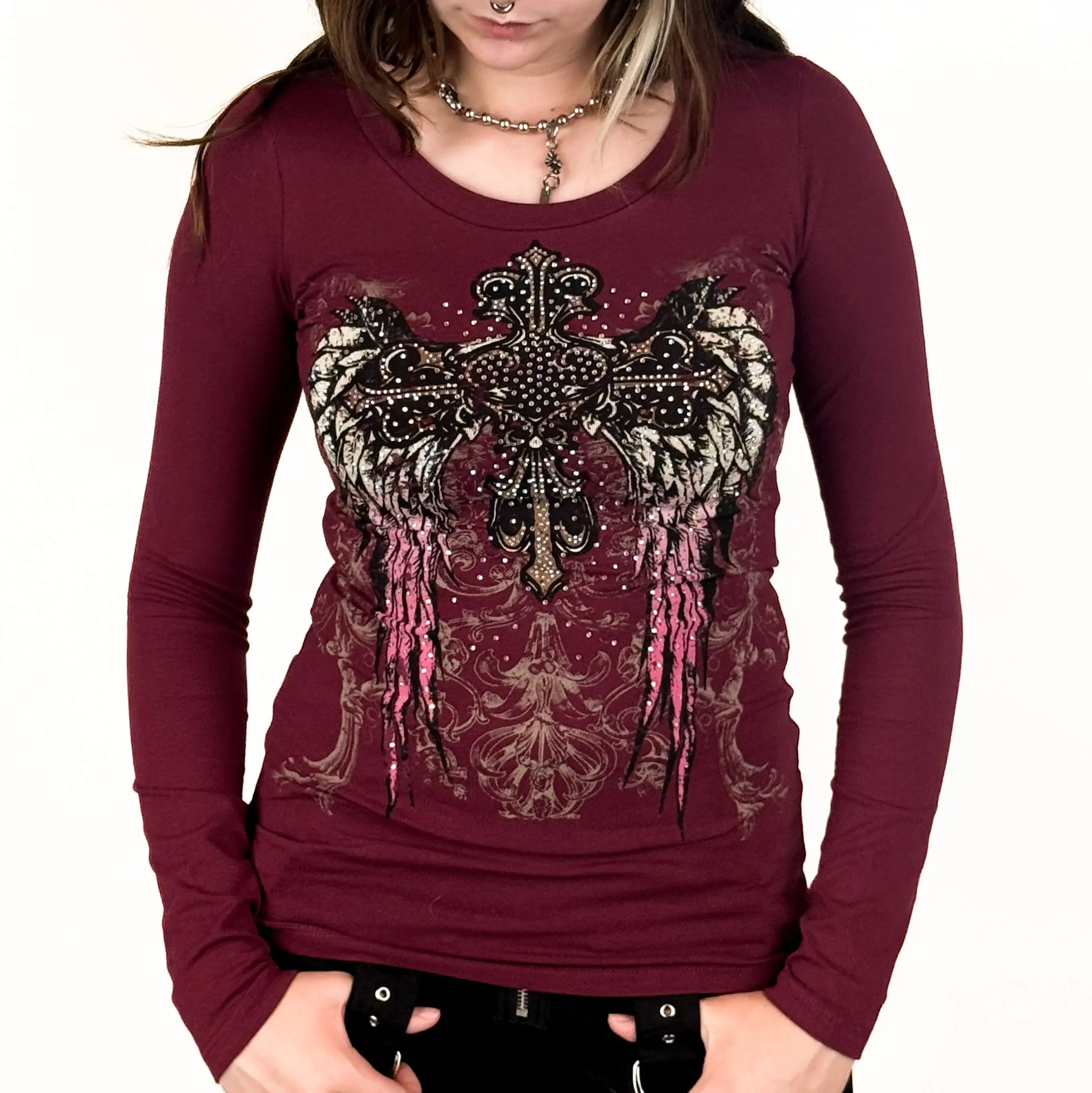 Angela Rhinestone Long Sleeve Burgundy - Cotton