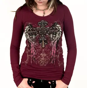 Angela Rhinestone Long Sleeve Burgundy Cotton