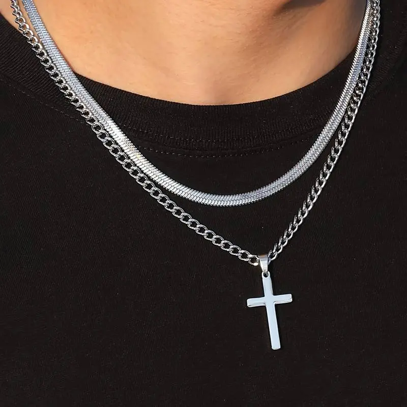 2Pcs Layered Cross Necklace for Men Boys  Titanium Steel Layered Snake Chain Cuban Link Chain, Christian Cross Pendant Religious Jewelry Gifts