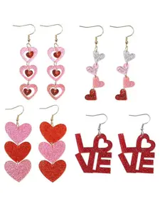 4 Pairs Heart Drop Earrings Set, Cute Glitter Style, Lightweight Valentine Jewelry for Women & Girls, Perfect Gift Idea, Heart Shaped Earrings