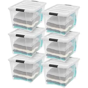IRIS USA 51 L Stackable Plastic Storage Bins with Lids, 6 Pack - BPA-Free, Made in USA - See-Through Organizing Solution, Latches, Durable Nestable Containers, Secure Pull Handle - Clear/White