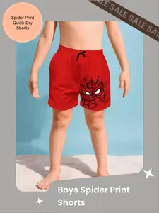 Spider Print Beach Shorts for Boys, Elastic Waist Summer Casual Swim Trunks, Quick-Drying Knee-Length Vacation Shorts with Drawstring Feature