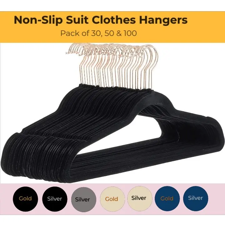 Slim Velvet Non-Slip Suit Clothes Hangers Black Golden/Silver Grey/Silver Ivory Gold/Silver Navy Blue Gold/Silver Pack of 30, 50 & 100 Organizer
