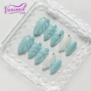 Voxinail Lab | Frosted Wings | Handmade Pastel Almond Press-On Nails | Acrylic, Reusable, Long-Lasting