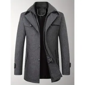 Men’s Wool Blend Double-Breasted Pea Coat Casual Thermal Trench Coat with Removable Lapel Thickened Winter Warm Overcoat