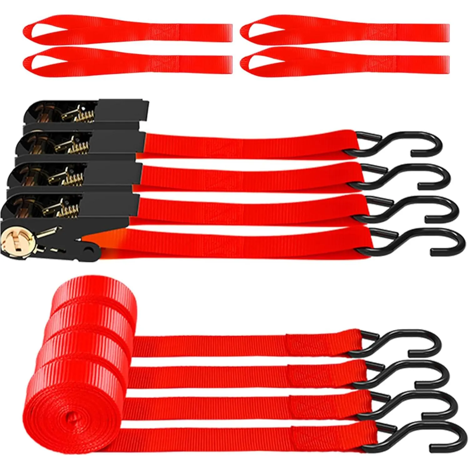 Premium Ratchet Straps Set - 4x15ft Metal Buckle Tie Down Straps (1500 lbs Breaking Strength, Weatherproof Polyester Fibers, Coated Ratchet & Hook), 4x Soft Loops, Durable & Dependable Security for Lawn Equipment, Appliances (Red), Coated Ratchet And Hook