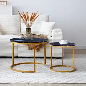 Bellemave 2-Piece Round Marble-Patterned Wooden Coffee Table Set - Modern Industrial Simple Design for Living Room, Bedroom