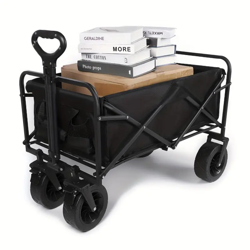 Heavy-duty Foldable Trolley with Adjustable Handle and Two Drink Holders. This is a large-sized foldable trolley that features a sturdy metal frame and a foldable four-wheel design, suitable for camping, shopping, gardening, and sports