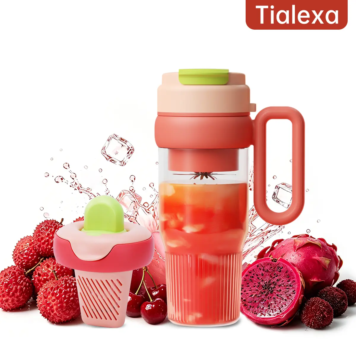 Tialexa 34oz Portable Blender, Fruit Juicer Blender with Ice Maker and Handle,Personal Smoothie & Shake Cup with Ice Crushing Blades, Auto Reverse Blending, 22000RPM Motor, USB-C Rechargeable, Leakproof Sip Lid, BPA-Free & Easy-to-Clean