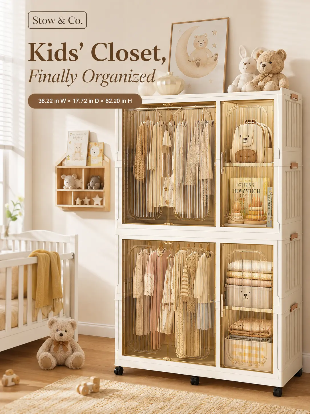 Portable Cream White American Design Wardrobe Closet Storage Organizer - Home Organizer with 6 Magnetic Doors, 6 Cubes, 2 Hanging Rods, Lockable Wheels - for Bedroom, Nursery, Dorm Furniture room living