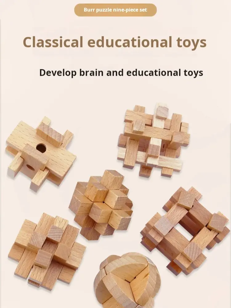 Beech Wood 9-Piece 9-Link Kongming Lock Set - Wooden Puzzle, Smooth Finish Brain Teaser Educational Toy for Children, Wooden Puzzles, Brain Teasers
