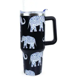 40 oz Cute Elephant Tumbler with Handle and Straw, Stainless Steel Insulated Cup with Lid and Straw, Travel Mug Water Bottle, Gifts for Women