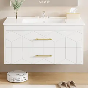 Bathroom Vanity with Sink, Floating Bathroom Vanity with Ceramic Basin, 2 Large Storage Drawers with Gold Metal Handle, Modern Wall Mounted Bathroom Cabinet with Sink
