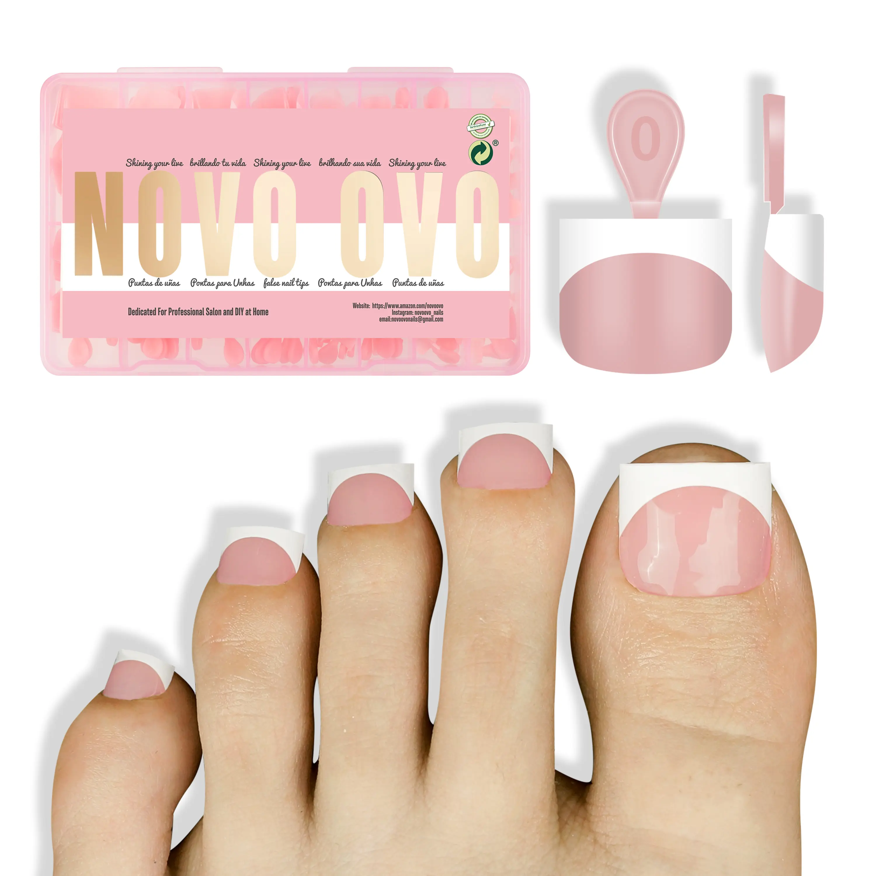 【LIVE】NOVO OVO Short Toe Nail Tips White French Tip BABY PINK Sharp Square Press On, Soft Gel False Fake Toenail Extension Kit, Need Apply Top Coat Buider Gel, No Glue included, Salon DIY x 16 Sizes 224 Pc