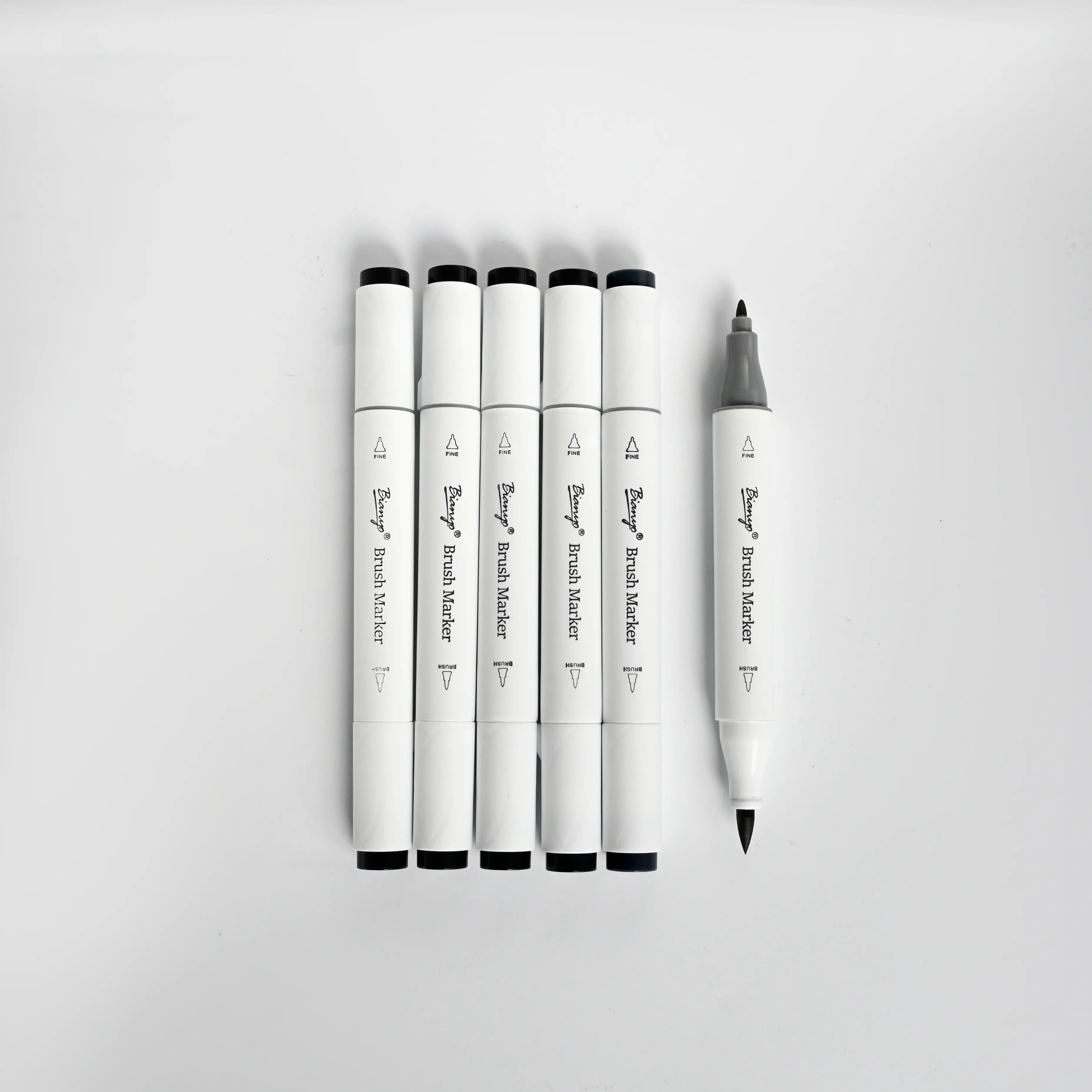 Bianyo 6-Pack Alcohol Brush Markers – Black or 0# Colorless Blender, Dual-Tip Brush & Fine Markers for Coloring Books, Drawing, Blending & Back to School Art Supplies