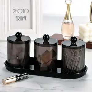 3pcs Qtip Holder Set with Tray Qtip Dispenser Canister with Lid and Labels, 1 Pack Vanity Tray, for Cotton Ball, Cotton Swab Bottles Tin, Bathroom Counter Organizer