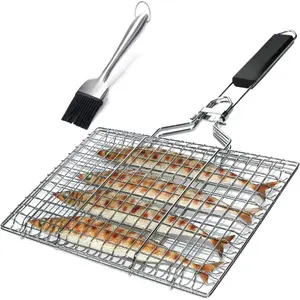 Fish Grilling Basket, Folding Portable Stainless Steel BBQ Grill Basket for Fish Vegetables Shrimp with Removable Handle, Come with Basting Brush and Storage Bag (01)