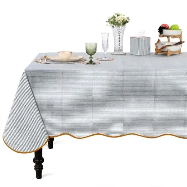 Ridhi Blue Stripe 60x60 Inches Square 100% Cotton Hand Block Print Washable Decorative Spring Summer Parties/Wedding Use,Fall décor Farmhouse Dining Dinner Tablecloth