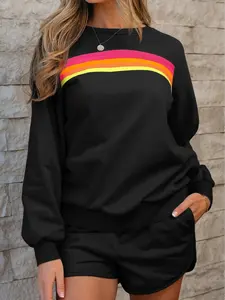 Casual Pullover and Shorts Set for Women - Retro Stripe Long Sleeve Outfit