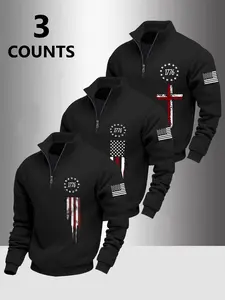 Boys' Fall Winter Half-Zip Pullover Sweatshirt, Comfortable Fashion Flag Pattern Cross Print Design, Loose Fit Fleece Lined, 3 Pack Casual Tops