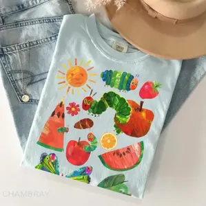Colorful Caterpillar Fruit Comfort Colors T-Shirt, Cute Kids Learning Graphic Tee, Back to School Teacher Shirt, Fun Classroom Outfit Gift
