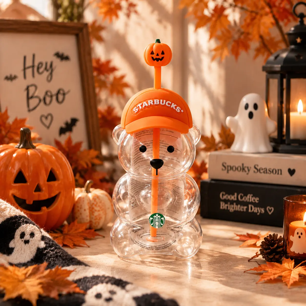 Starbucks x Bearista Halloween 20oz Tumbler Cup, Cute Bear Cold Cup with Pumpkin Straw, Limited Edition Fall Drinkware Gift