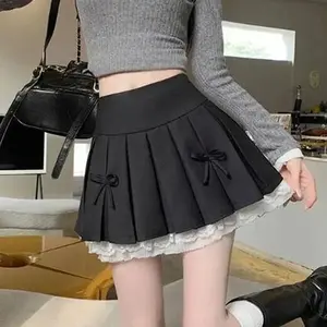 Korean Fashion Sweet High Waist College Pleated Skirt for Womenn Lace Preppy Bow Skirt Female A-line Pleated Skirt Y2k