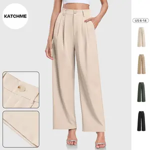 KatchMe Women's Leisure High Waist Plicated Wide Leg Trousers, Classy Solid Color Loose Button Lightweight Suiting Pants, Chic Women's Bottom