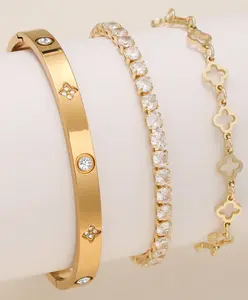 Women's 3-Pack Stainless Steel Bracelet & Bangle Set - Shiny, Elegant Luxury Costume Jewelry, Non Tarnish Tarnish Proof Accessory for Daily Wear, Ideal for Anniversary, Birthday Gifts