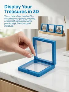 5-Pack (7cm×7cm) 3D Blue Floating Display Cases, Dustproof Jewelry Packaging, Transparent Hanging Storage Boxes with Elastic Membrane, for Necklaces, Bracelets, Rings, Coins, Earrings & Brooches, Suitable as Gift Boxes for Retail and Personal Use