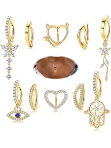 10Pcs 14G Clicker Belly Button Rings for Women Surgical Steel CZ Flower Butterfly Evil Eye Heart Belly Rings Dangle Belly Button Ring Set Reverse Curved Navel Rings Body Piercing Jewelry