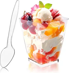 50Pack 5oz Square Plastic Dessert Cups with Spoons Reusable Clear Parfait Appetizer Cups Mini Party Trifle Shooter Serving Cups Dessert Shot Glasses for Tasting