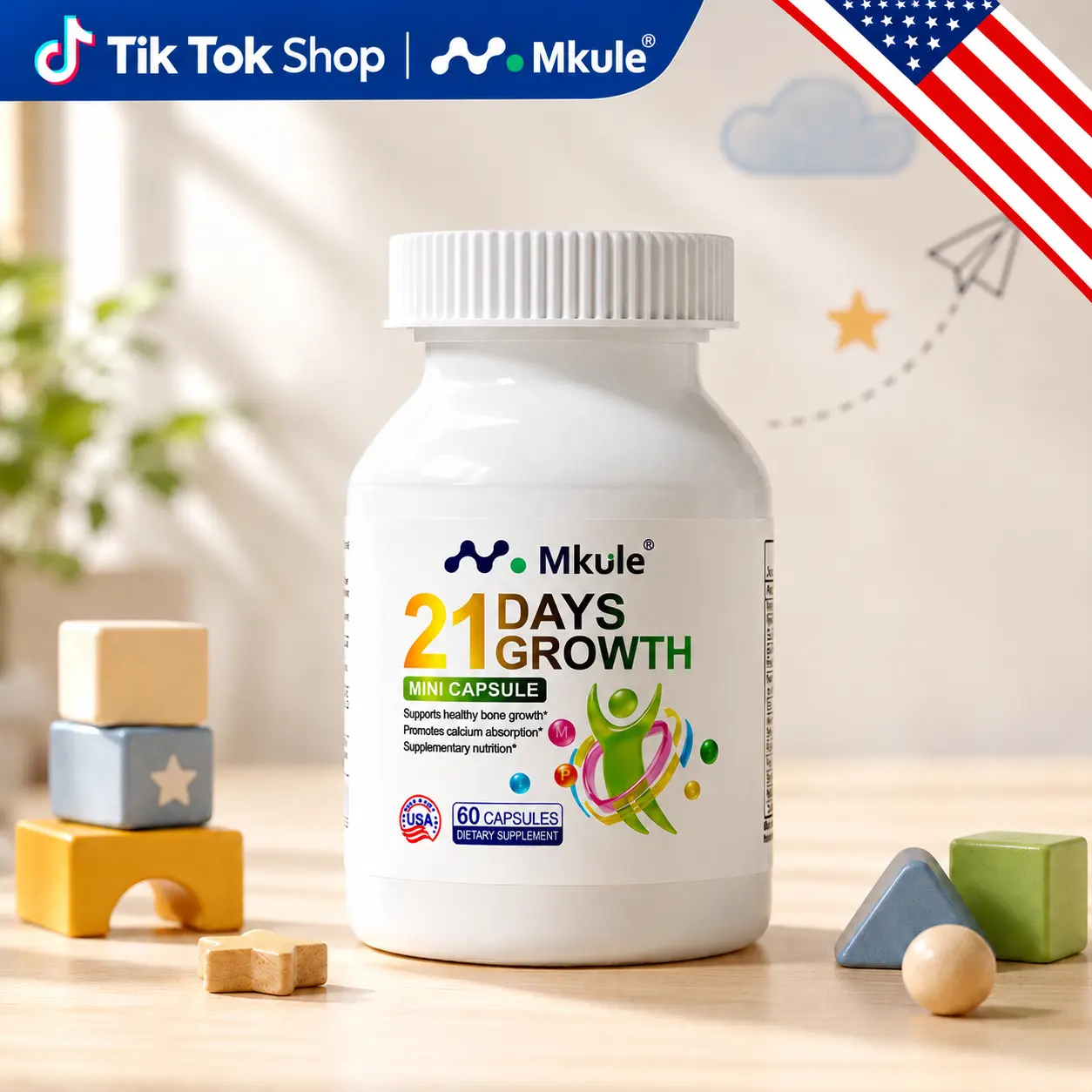 Mkule 21 DAYS Growth Height Growth Dietary Supplement — Height Growth Maximizer for Kids & Teens with Amino Acids, Calcium Glycinate, Vitamin D3, K2 & Multivitamins. Sugar-Free, Third-Party Tested, All-Natural, 60 Capsules per Bottle.
