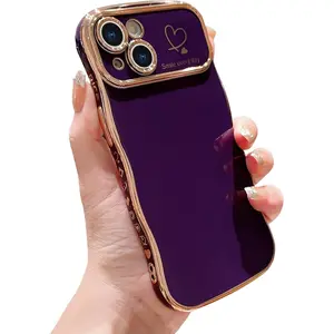 Women's Luxury Curly Wave Frame Smartphone Case for iPhone 14/14 Pro/14 Plus/14 Pro Max - Handheld Cellphone Casing with Love Heart Raised Camera Protection, Slim Fit, Plating, Shockproof, Lightweight Mobile Phone Accessories